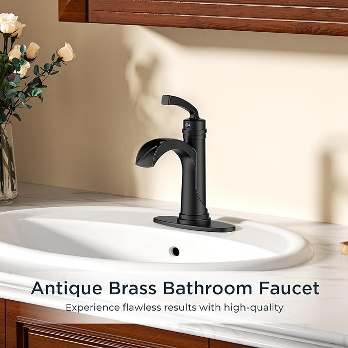 Forious Black Bathroom Sink Faucet Single Handle One Hole Antique Waterfall Bathroom Faucet with Metal Pop Up Drain and Deck Plate for Lavatory Vanity Farmhouse RV