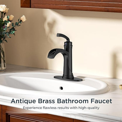 Forious Black Bathroom Sink Faucet Single Handle One Hole Antique Waterfall Bathroom Faucet with Metal Pop Up Drain and Deck Plate for Lavatory Vanity Farmhouse RV