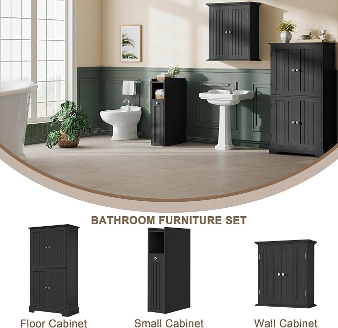 ChooChoo Slim Bathroom Storage Cabinet with Slide Out Drawers | Narrow Storage Organizer with Hidden Storage, Freestanding Toilet Paper Holder, Bathroom Cabinet for Small Places, Black