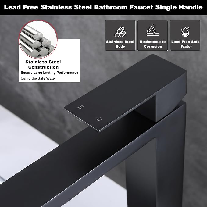 Matte Black Vessel Sink Faucet, Single Hole Tall Bathroom Faucet | Stainless Steel 1 Hole Black Matte Faucet for Bathroom Sink, Tall Vanity Faucet with Pop Up Drain