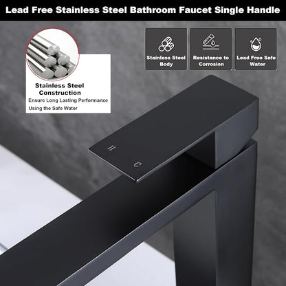 Matte Black Vessel Sink Faucet, Single Hole Tall Bathroom Faucet | Stainless Steel 1 Hole Black Matte Faucet for Bathroom Sink, Tall Vanity Faucet with Pop Up Drain