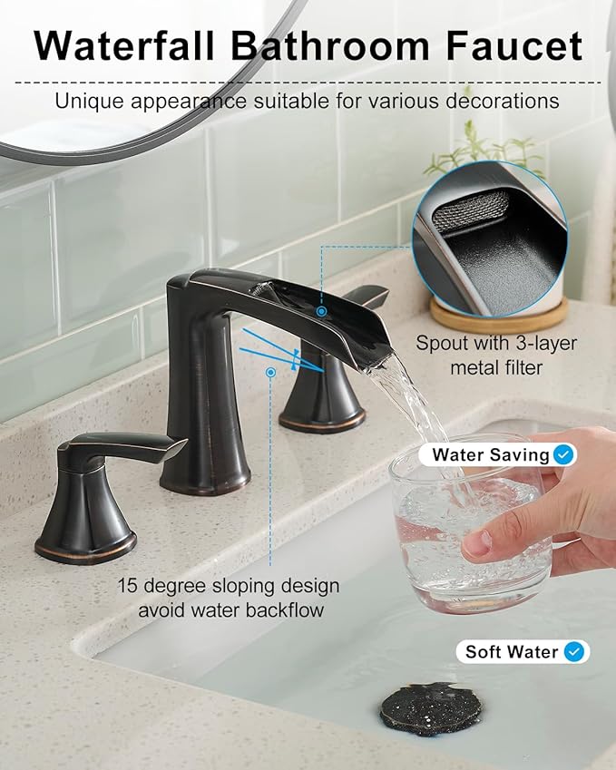 Fapully Oil Rubbed Bronze Bathroom Faucet 3 Hole, Waterfall 8 Inch Two-Handle Widespread Bathroom Sink Faucet with Pop-up Drain