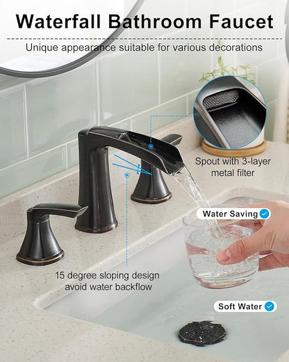 Fapully Oil Rubbed Bronze Bathroom Faucet 3 Hole, Waterfall 8 Inch Two-Handle Widespread Bathroom Sink Faucet with Pop-up Drain