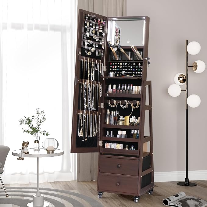 Standing Jewelry Cabinet with Lockable,Full Length Mirror with Storage | Large Capacity Jewelry Organizer Armoire Floor Mirror with Back Storage Shelves for Bedroom Brown