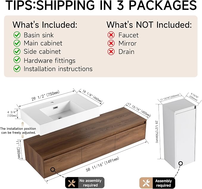 60 Inch Floating Bathroom Vanity with Single Sink, Modern Wall-Mounted Bathroom Cabinet with Resin Sink & Soft Close Drawers & Side Cabinet, Split-Level Layout (Walnut, 60"+1 Side Cabinet)