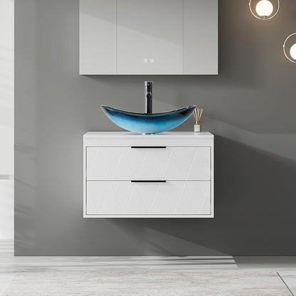 eclife 30" Floating Bathroom Vanities with Sink Combo, Wall Mounted Modern Cabinet W/Diamond Line Pattern Design, Blue Boat Glass Vessel Sink W/Water Save Faucet & Pop Up Drain, White