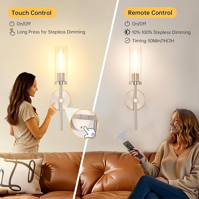 Shenmoyl Battery Operated Wall Sconces Set of 2, Nickel Rechargeable Wall Lighting Fixtures, Dimmable Wall Lights with Remote & Clear Glass Shade for Living Room, Bathroom,Bedroom