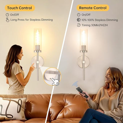 Shenmoyl Battery Operated Wall Sconces Set of 2, Nickel Rechargeable Wall Lighting Fixtures, Dimmable Wall Lights with Remote & Clear Glass Shade for Living Room, Bathroom,Bedroom