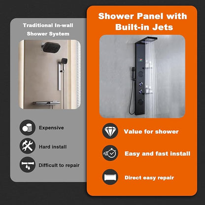 LCD Temperature Display Rainfall Shower Panels Tower System with Storage Shelf, Matte Black LED Light 304 Stainless Steel with Handheld Massage Body Jets Water Waterfall Bathtub