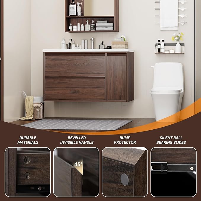 36-inch Luxury Bathroom Vanity with Sink, Stunning Walnut Finish, 2 Large Drawers & Hidden Storage, Invisible Handles, Moisture-Resistant. Ideal for Bathroom remodel and Upgrade.