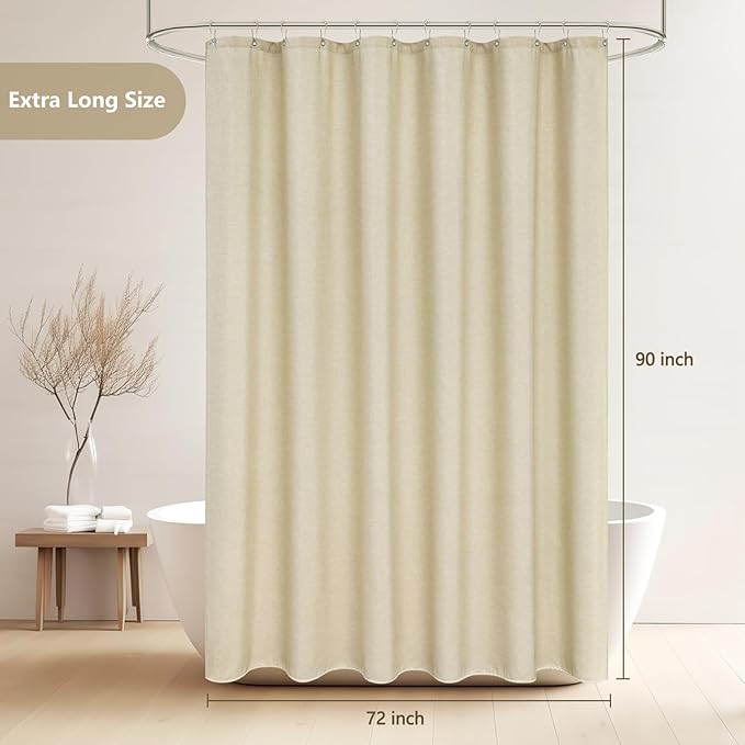 Rustic Faux Linen Beige Thick Fabric Shower Curtain, 72 x 90 Inch Extra Long Cloth Shower Curtain Water-Resistant, Ultra-Durable Washable Cream Shower Curtain for Tall Bathrooms