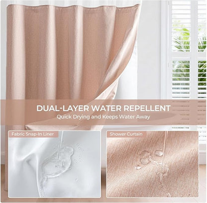 River Dream Linen Textured No Hooks Shower Curtain with Liner,Pink,71x74 | Mesh Top Window,with Snap-in Liner,Heavy Duty Fabric,Quick Dry,Bottom Magnets,Water-Repellent,Washable,Farmhouse Bathroom Set