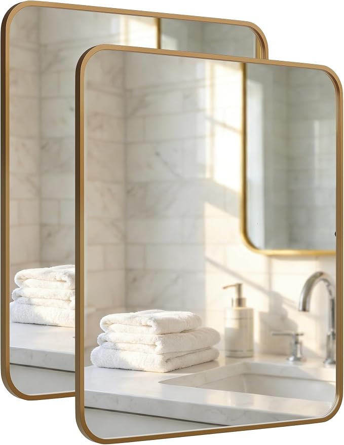 2-Pack 22x30 Inch Antique Gold Rounded Rectangle Bathroom Vanity Mirrors | Double Vanity or Two Bathrooms, Pair or Separate Use, Iron Frame, Layered Shadow Box Look, Two-Way Mount