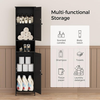 Homleke Tall Bathroom Storage Cabinet with 2 Doors, Slim Bathroom Cabinet | Narrow Storage Cabinet with Adjustable Shelves, Anti-Tip Design, Reversible Door, Easy Assembly, Black, 15.7''W
