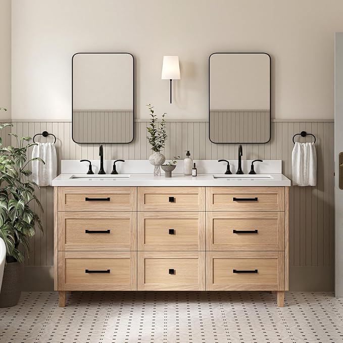 ARIEL Monroe 66-inch Bathroom Vanity with Sink,Solid Wood, 1.5-inch Pure White Quartz Countertop & Backsplash, Double Oval Porcelain Sink, 9 Dovetail Drawers, Matte Black, White Oak