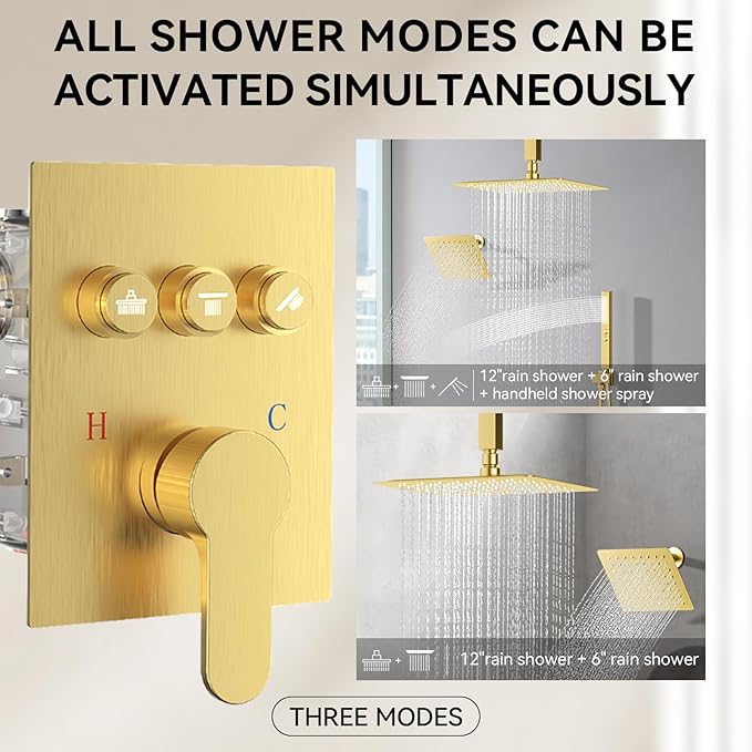 Brushed Gold Shower System, STARBATH Ceiling Mounted 12+6 Inch Rainfall Shower Head with 2 in 1 High Pressure Handhled, Can Use All at Once, Push Button Diverter Thermostatic Valve with Trim Kit
