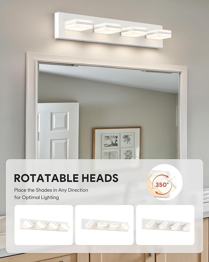 VONLUCE LED Modern Bathroom Vanity Light Fixture, Matte White | 26'', 4-Light, 3CCT, 360° Rotate, High CRI, Flicker-free, Dimmable, Memory Function, Waterproof IP44, Easy Installation
