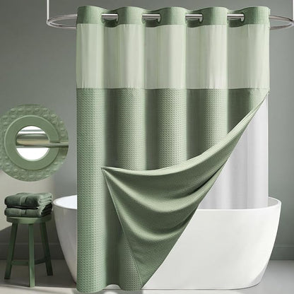 Sage Green Hook Free Waffle Shower Curtain & Snap-in Liner,36x75 | Less Time to install, 3 in 1 Fabric Shower Curtain and Liner Set with Magnets, Stall, Shower Curtains for Bathroom