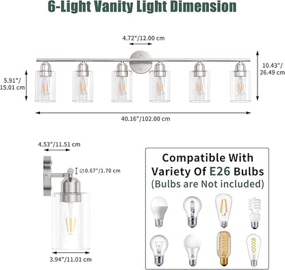 Espird Bathroom Vanity Light Fixtures Brushed Nickel, 6 Lights Bathroom Over Mirror, UL Certified, Modern Wall Lighting Fixtures with Glass Shade, E26 Socket