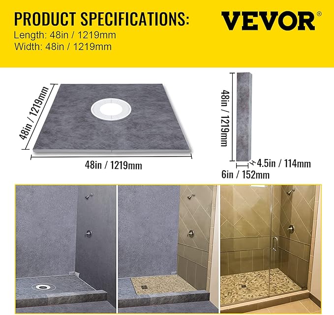 VEVOR Shower Curb Kit, 48"x48" Watertight Shower Curb Overlay with 4" ABS Central Bonding Flange, 4" Stainless Steel Grate, 2 Cuttable Shower Curb and Trowel, Shower Pan Slope Sticks Fit for Bathroom