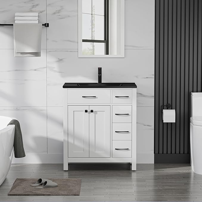 LUCKWIND 30" Modern Bathroom Vanity with Black Sink, Painted Storage Cabinet with Undermounted Black Sink, Two Doors and Three Drawers, Include Faucet Without Mirror, White