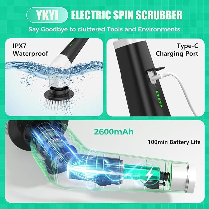 YKYI Electric Spin Scrubber, Cordless Power Cleaning Brush with Long Handle | 8 Brush Heads, 3 Handle Lengths, 2 Speeds, IPX7 Waterproof, 100-Minute Runtime for Tubs, Tile, Floors, Grout, Glass and Cars