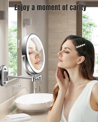 VFD 8'' 30X/1X Wall Mounted Lighted Magnifying Makeup Mirror with Lights | Double Sided Rechargeable Bathroom Mirror, 3 Color Lights Touch Dimmable Extended Arm 360 Rotation Light up Mirrors