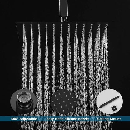 16 Inch Ceiling Mount Matte Black Shower System Bathroom Luxury Rain Mixer Shower Combo Set Ceiling Rainfall Shower Head System (Contain Shower Faucet Rough-in Valve Body and Trim Kit)