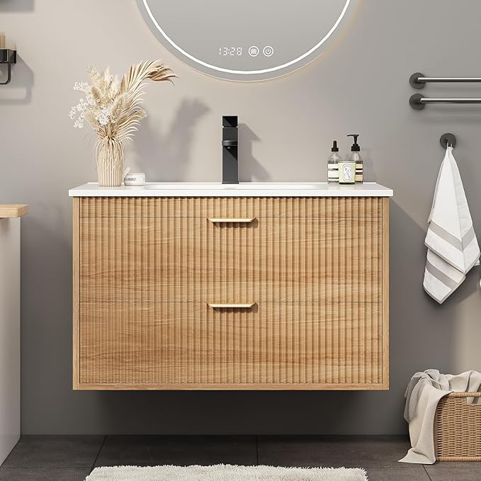 Vabches 24 Inch Bathroom Vanity with Sink, Wood Grain Wall Mounted Vanity with 2 Storage Darwers, Floating Bathroom Vanity with Storage, Bathroom Floating Vanity with Sink, Faucet, Drain, Oak