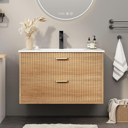 Vabches 24 Inch Bathroom Vanity with Sink, Wood Grain Wall Mounted Vanity with 2 Storage Darwers, Floating Bathroom Vanity with Storage, Bathroom Floating Vanity with Sink, Faucet, Drain, Oak