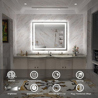 LED Mirror for Bathroom, 44x36 Inch Backlit + Front Lighted Bathroom Vanity Mirror with Lights for Wall, Double Light Strips, 3 Colors, Shatter-Proof, Anti-Fog and Brightness Memory