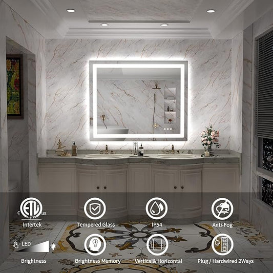 LED Mirror for Bathroom, 44x36 Inch Backlit + Front Lighted Bathroom Vanity Mirror with Lights for Wall, Double Light Strips, 3 Colors, Shatter-Proof, Anti-Fog and Brightness Memory