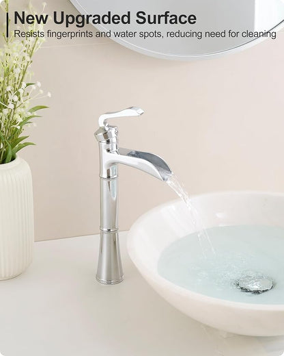 Brass Vessel Faucet, Waterfall Chrome Bathroom Faucet, Single Hole Tall Bathroom Faucets for Vessel Sinks, Single Handle Bathroom Sink Faucets with Pop-Up Drain & Supply Water Hoses, No Leaks