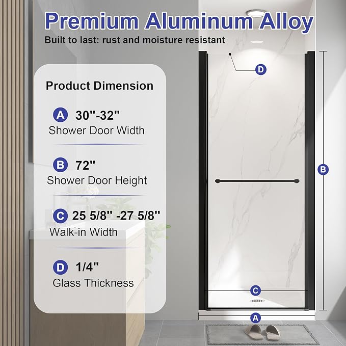 30"-32" W x 72" H Frameless Pivot Shower Door Matte Black | 1/4"(6mm) SGCC Tempered Glass with Explosion-Proof Film &Nano Coating,Customizable Width