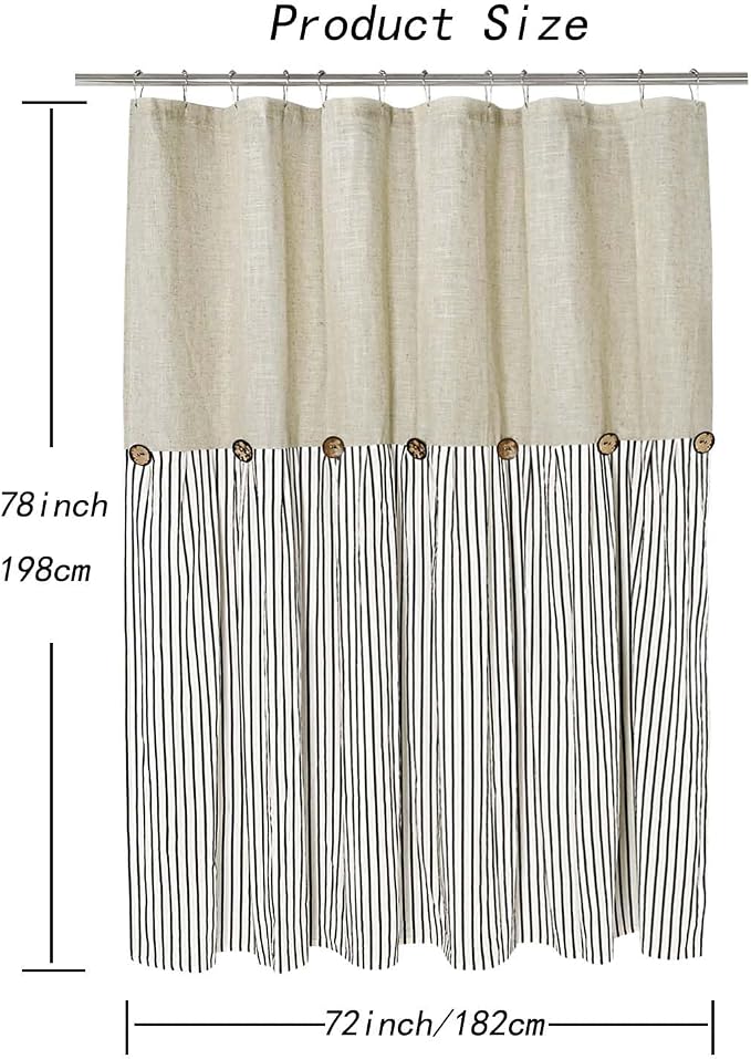 DOSLY IDÉES Farmhouse Shower Curtain,Beige and Black Stripe,Button Curtain,Linen and Cotton Woven Fabric,Rustic Charm Country Chic Style,72x78 in