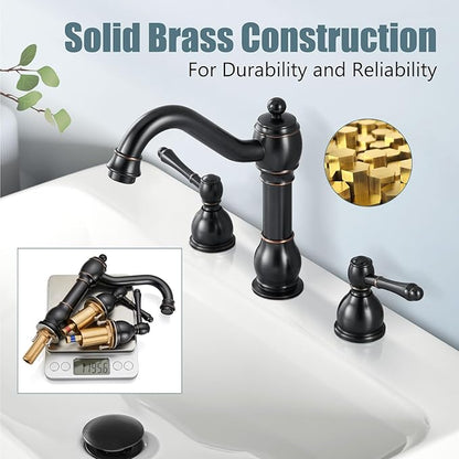 Aolemi 8 Inch Widespread Bathroom Sink Faucet 3 Hole Deck Mount Vanity Basin Mixer Tap with Pop Up Drain Assembly Oil Rubbed Bronze Double Lever Handle
