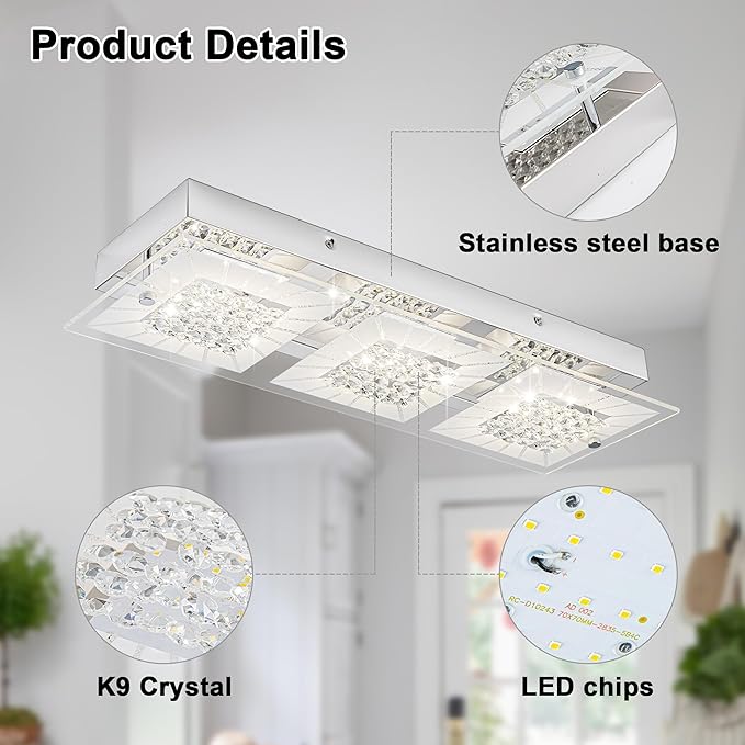 Crystal Ceiling Light Flush Mount 18 Inch Rectangular Crystal Ceiling Light Fxiture LED 4000K Dimmable Ceiling Mounted Light for Kitchen, Hallway, Bedroom, Foyer, 18W