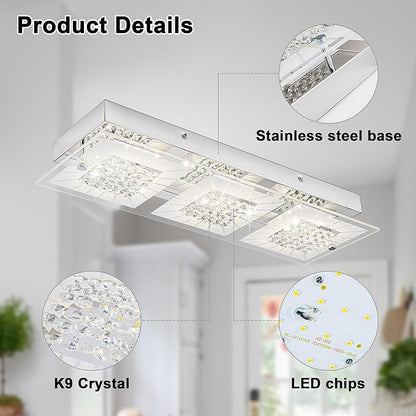 Crystal Ceiling Light Flush Mount 18 Inch Rectangular Crystal Ceiling Light Fxiture LED 4000K Dimmable Ceiling Mounted Light for Kitchen, Hallway, Bedroom, Foyer, 18W