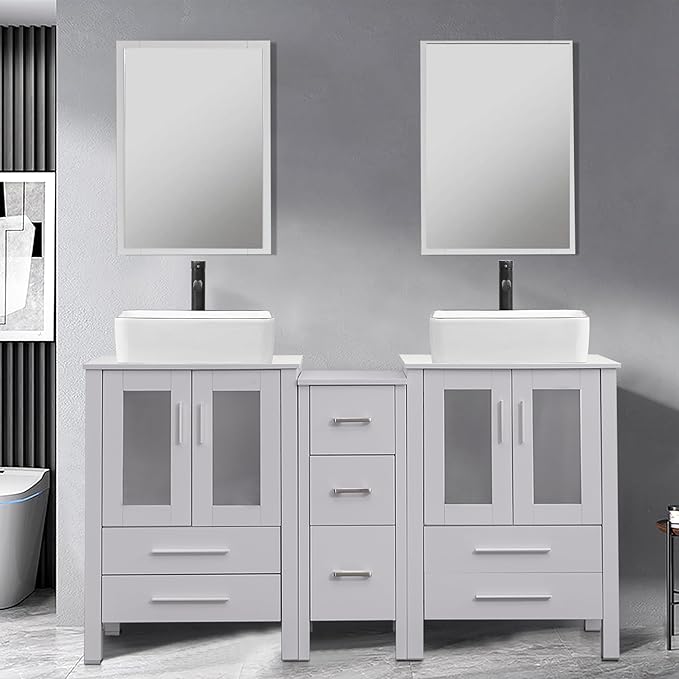 UEV 60" Double Sink Bathroom Vanity,Grey Bathroom Vanity with Double Side Vanity Cabinets & Removable 3 Drawer Storage Cabinet,with Modern Artistic Ceramic Vessel Sink Combo,Mirror Not Included(031WH)