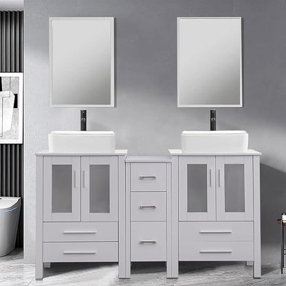 UEV 60" Double Sink Bathroom Vanity,Grey Bathroom Vanity with Double Side Vanity Cabinets & Removable 3 Drawer Storage Cabinet,with Modern Artistic Ceramic Vessel Sink Combo,Mirror Not Included(031WH)