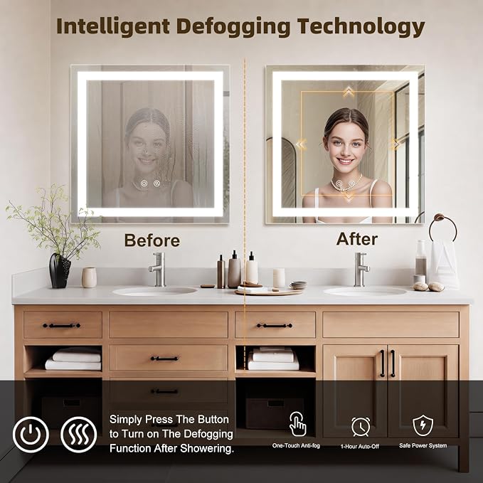 28"X28" Square LED Bathroom Mirror with Lights | Lighted Bathroom Vanity Mirror for Wall, Anti-Fog, Dimmable, 3 Color Temperature, HD Tempered Glass(Vertical Only)