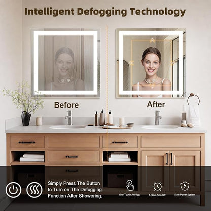 28"X28" Square LED Bathroom Mirror with Lights | Lighted Bathroom Vanity Mirror for Wall, Anti-Fog, Dimmable, 3 Color Temperature, HD Tempered Glass(Vertical Only)
