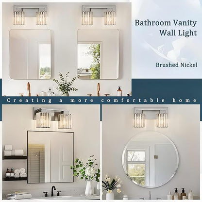 Brushed Nickel Bathroom Light Fixtures, 2-Light Vanity Light Over Mirror | Wall Sconces with Square Crystal Shades, E26 Socket, Modern Vanity Lights for Bathroom (Bulbs Not Included)