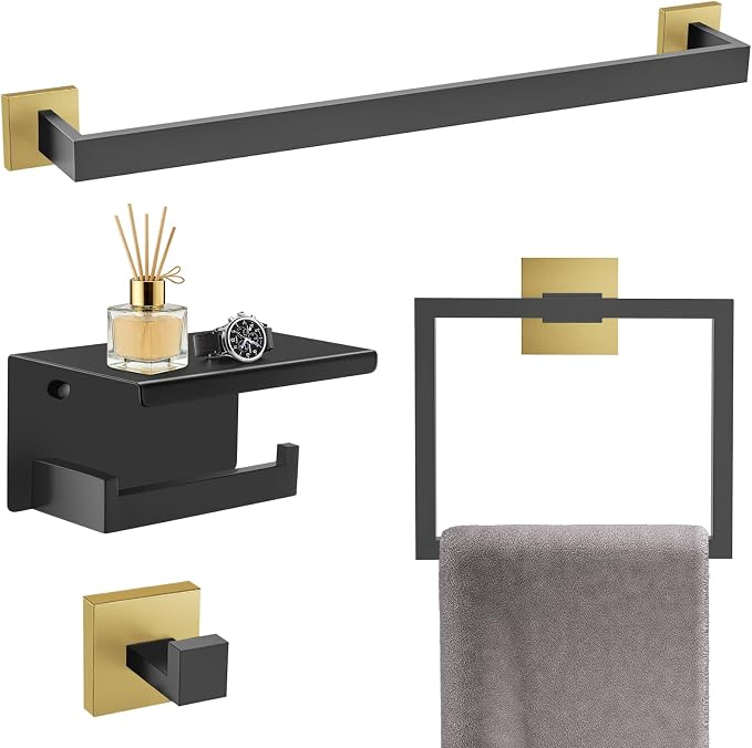 TURS Bathroom Hardware Set Black and Gold 4-Piece Towel Bar Set Include 24 Inch Towel Bar Towel Ring Towel Hook Toilet Paper Holder with Shelf Wall Mounted.