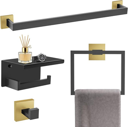 TURS Bathroom Hardware Set Black and Gold 4-Piece Towel Bar Set Include 24 Inch Towel Bar Towel Ring Towel Hook Toilet Paper Holder with Shelf Wall Mounted.
