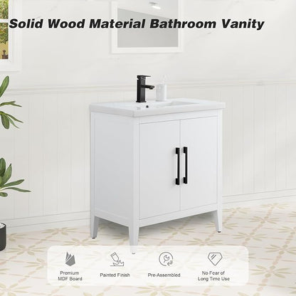 30 Inch Bathroom Vanity with Sink & Ceramic Top, Single Vanity Cabinet with Basin, Soft-Closing Doors & Matte Black Hardware, White