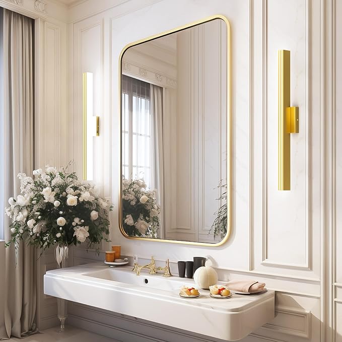 Ralbay 31.5inch Gold Vanity Light with 5 Color Temperature (2700K-6000K) Dimmable Acrylic Metal 30W LED Modern Matte Gold Bathroom Light Fixtures