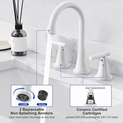Bathroom Faucet 3 Hole, White Faucets with Pop-up Drain and Supply Lines | Hurran Stainless Steel Lead-Free Widespread Bathroom Sink Faucet for Vanity RV Restroom Laundry Outdoor Utility Sink