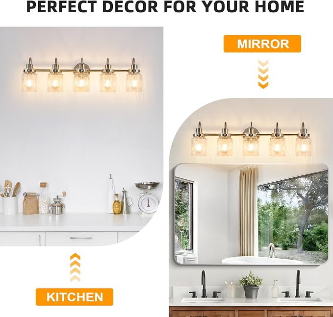 5 Lights Bathroom Vanity Light, Brushed Nickel Bathroom Light Fixtures with Hammered Glass Lampshade for Dressing Table,Over Mirror,Hallway