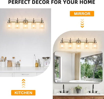 5 Lights Bathroom Vanity Light, Brushed Nickel Bathroom Light Fixtures with Hammered Glass Lampshade for Dressing Table,Over Mirror,Hallway